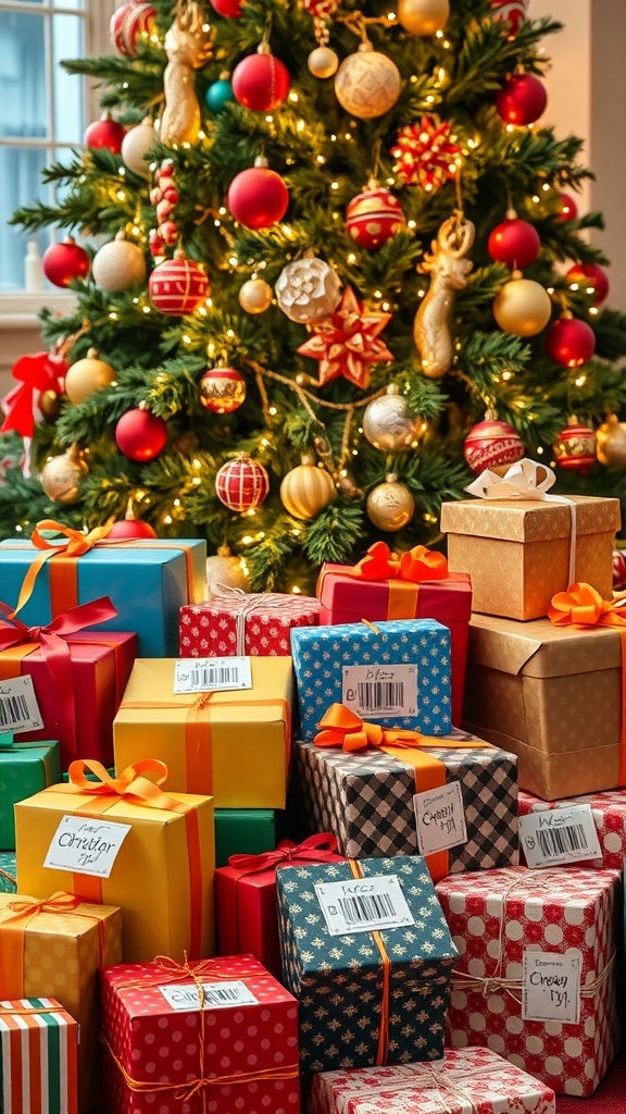 A decorated Christmas tree with colorful gifts underneath, showcasing a variety of wishlist items.